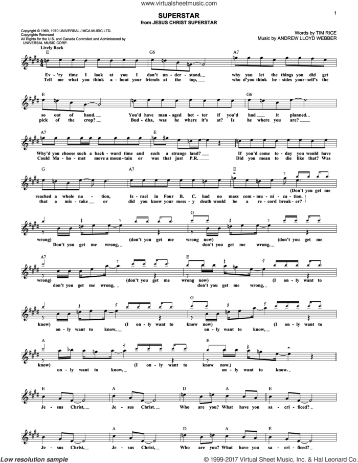 Superstar (from Jesus Christ Superstar) sheet music for voice and other instruments (fake book) by Andrew Lloyd Webber, Murray Head w/Trinidad Singers and Tim Rice, intermediate skill level