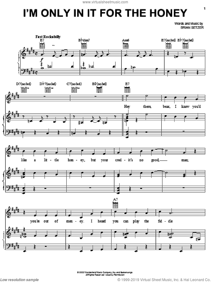 I'm Only In It For The Honey sheet music for voice, piano or guitar by Brian Setzer, intermediate skill level