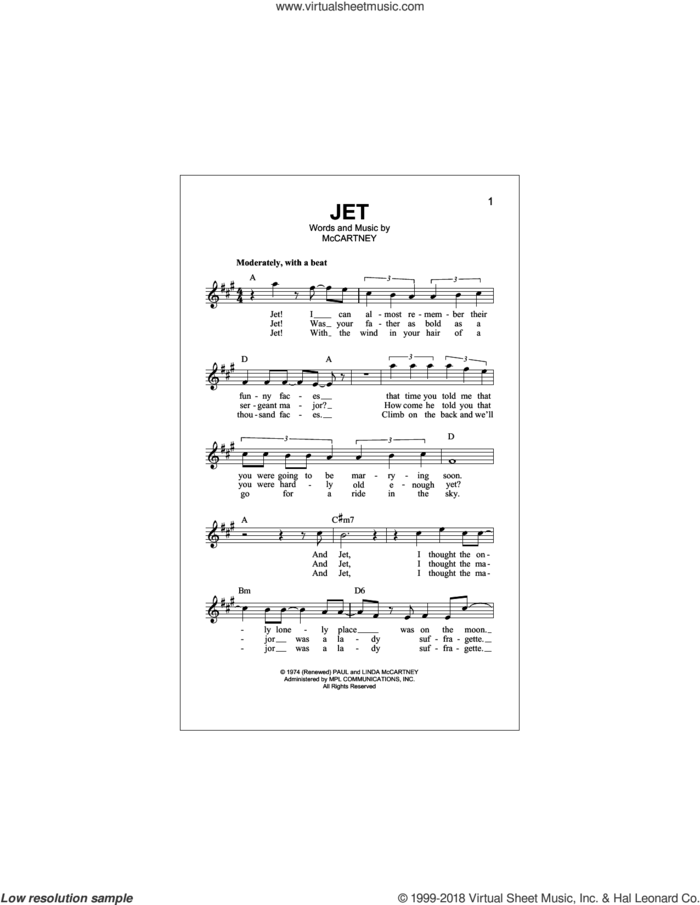 Jet sheet music for voice and other instruments (fake book) by Paul McCartney and Linda McCartney, intermediate skill level