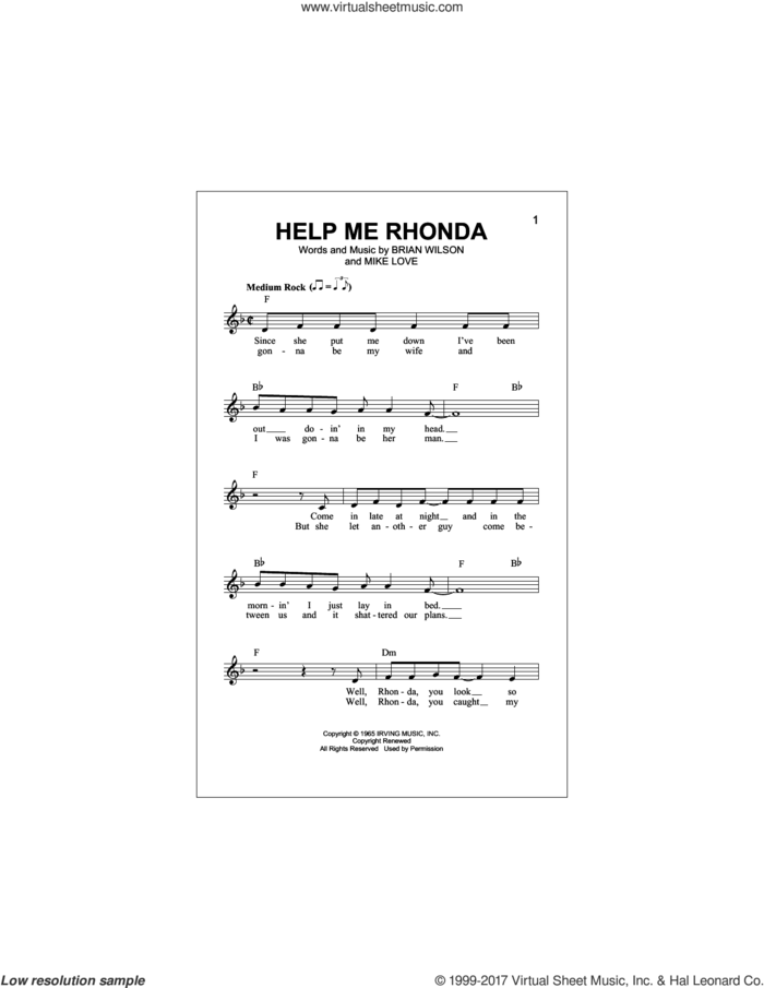 Help Me Rhonda sheet music for voice and other instruments (fake book) by The Beach Boys, Brian Wilson and Mike Love, intermediate skill level
