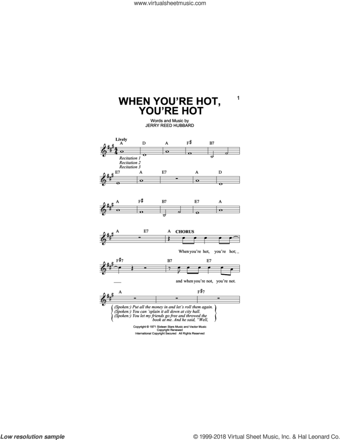 When You're Hot, You're Hot sheet music for voice and other instruments (fake book) by Jerry Reed, intermediate skill level