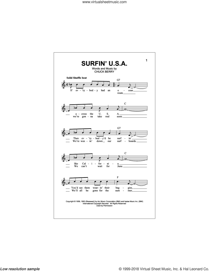 Surfin' U.S.A. sheet music for voice and other instruments (fake book) by The Beach Boys and Chuck Berry, intermediate skill level