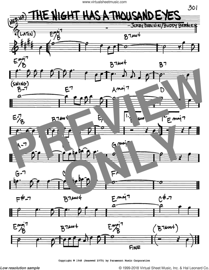 The Night Has A Thousand Eyes sheet music for voice and other instruments (in Eb) by Buddy Bernier and Jerry Brainin, intermediate skill level