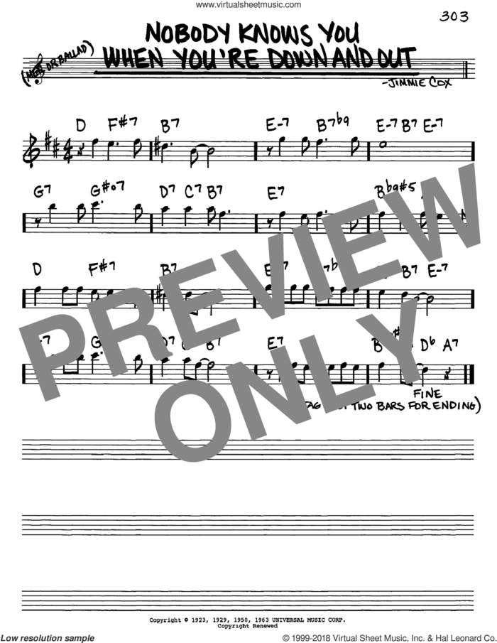 Nobody Knows You When You're Down And Out sheet music for voice and other instruments (in Eb) by Jimmie Cox, intermediate skill level