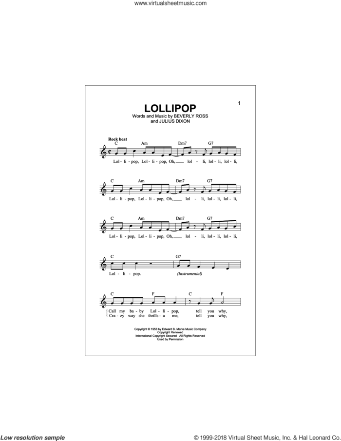 Lollipop sheet music for voice and other instruments (fake book) by The Chordettes, Beverly Ross and Julius Dixon, intermediate skill level