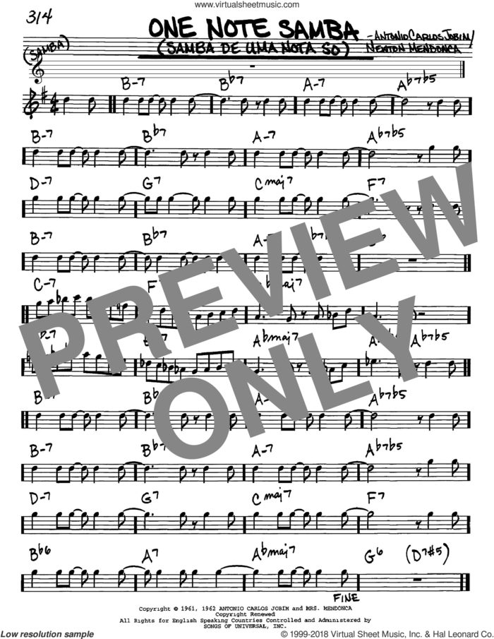 One Note Samba (Samba De Uma Nota So) sheet music for voice and other instruments (in Eb) by Antonio Carlos Jobim and Newton Mendonca, intermediate skill level