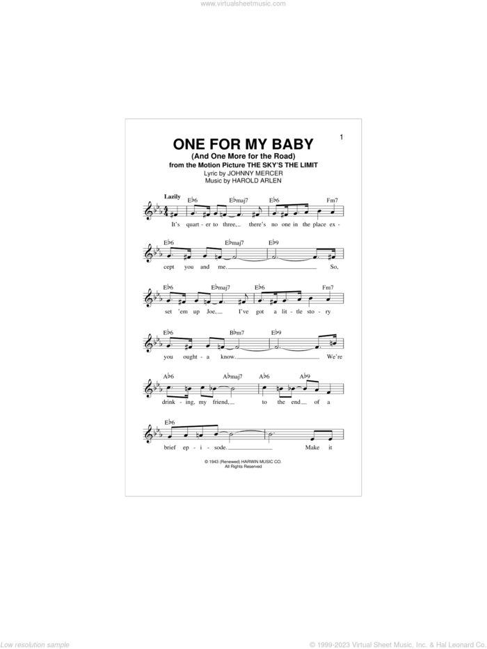 One For My Baby (And One More For The Road) sheet music for voice and other instruments (fake book) by Frank Sinatra, Harold Arlen and Johnny Mercer, intermediate skill level