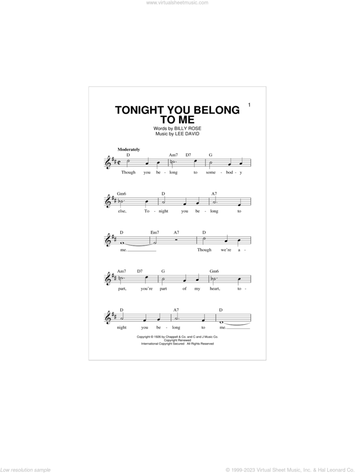 Tonight You Belong To Me sheet music for voice and other instruments (fake book) by Patience & Prudence, Billy Rose and Lee David, intermediate skill level