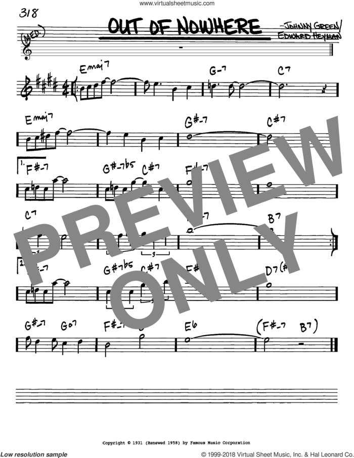 Out Of Nowhere sheet music for voice and other instruments (in Eb) by Edward Heyman and Johnny Green, intermediate skill level