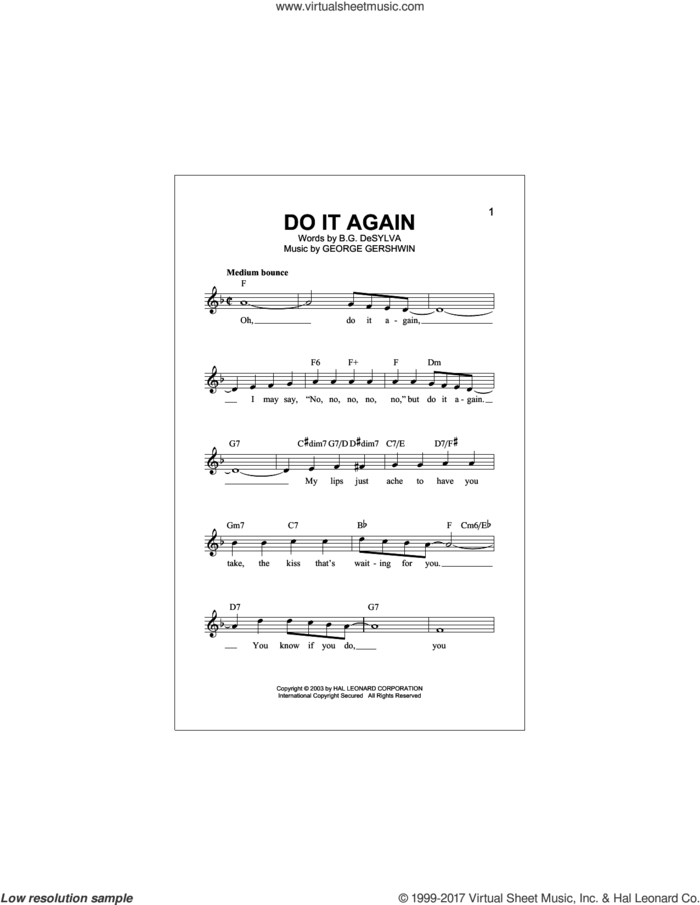 Do It Again sheet music for voice and other instruments (fake book) by George Gershwin and Buddy DeSylva, intermediate skill level