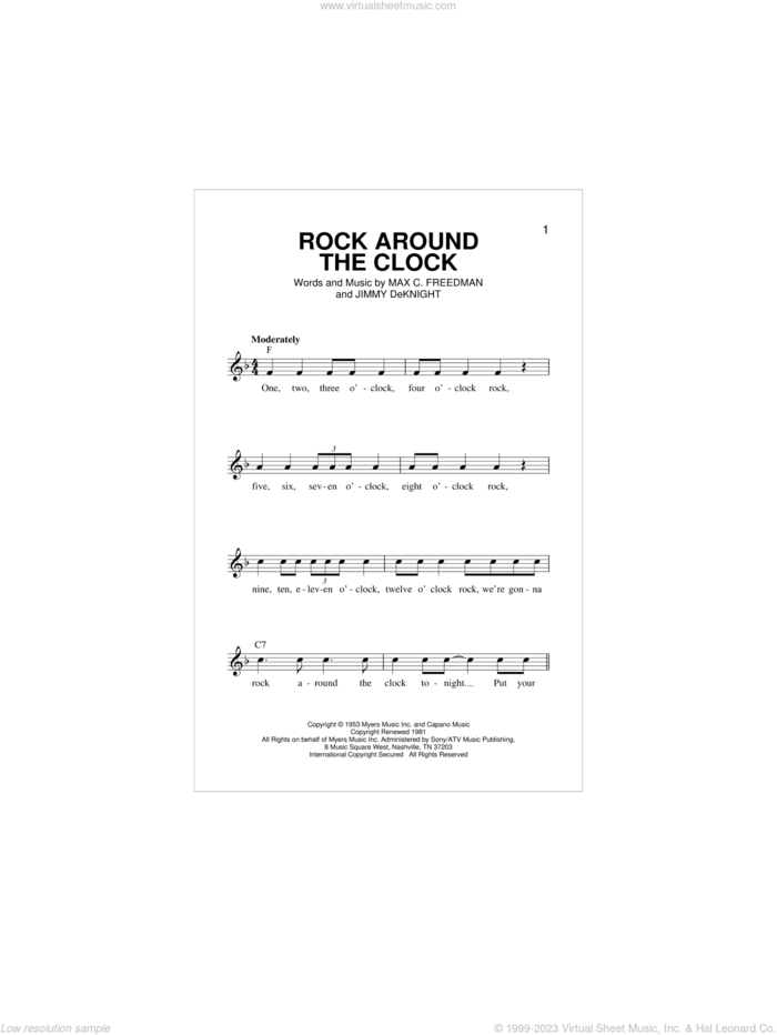 Rock Around The Clock sheet music for voice and other instruments (fake book) by Bill Haley & His Comets, Jimmy DeKnight and Max C. Freedman, intermediate skill level