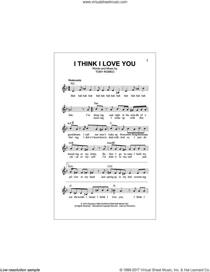 I Think I Love You sheet music for voice and other instruments (fake book) by The Partridge Family and Tony Romeo, intermediate skill level