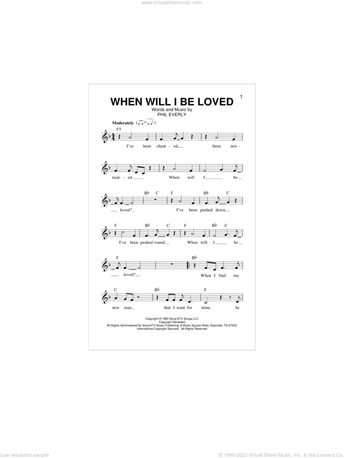 When Will I Be Loved sheet music for voice and other instruments (fake book) by Linda Ronstadt and Phil Everly, intermediate skill level