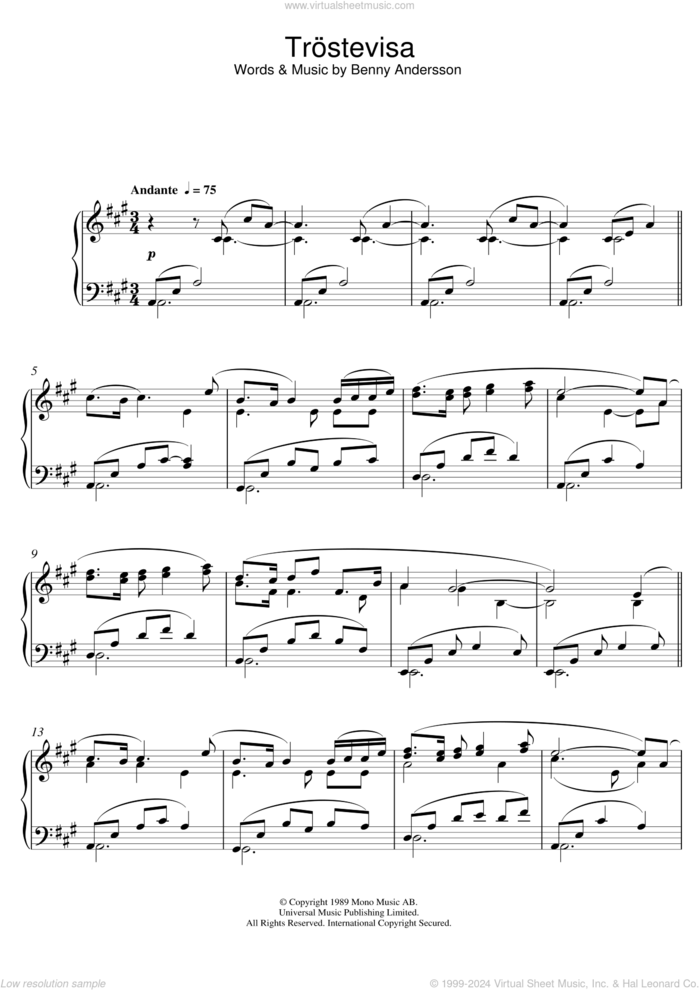 Trostevisa sheet music for piano solo by Benny Andersson, intermediate skill level