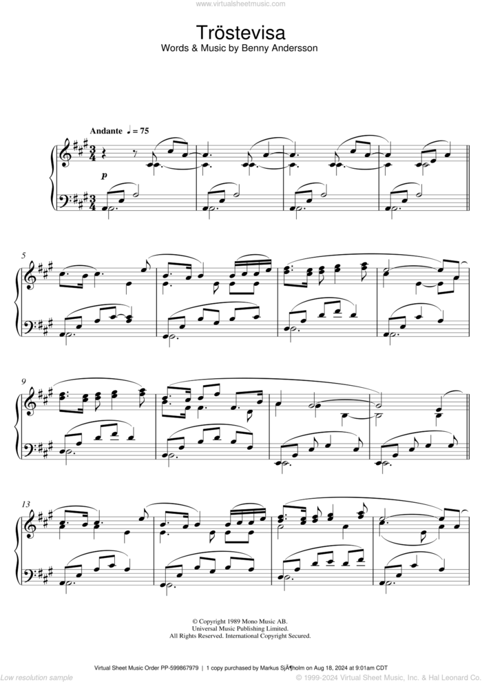 Trostevisa sheet music for piano solo by Benny Andersson, intermediate skill level