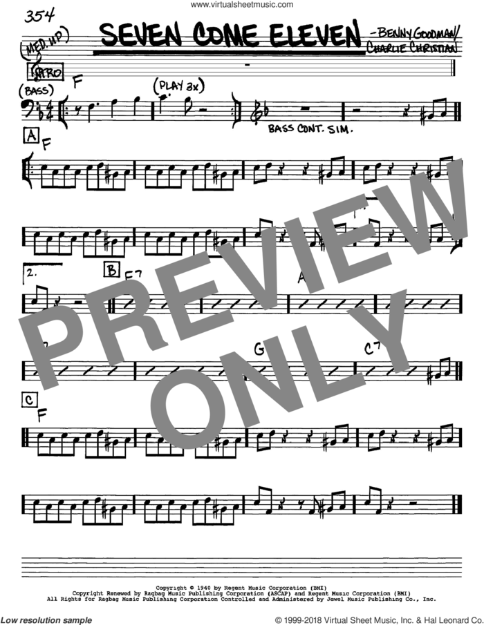 Seven Come Eleven sheet music for voice and other instruments (in Eb) by Benny Goodman and Charlie Christian, intermediate skill level