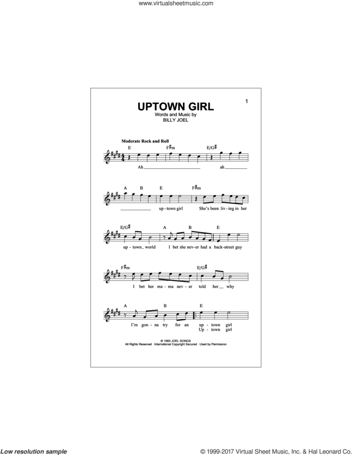 Uptown Girl sheet music for voice and other instruments (fake book) by Billy Joel, intermediate skill level