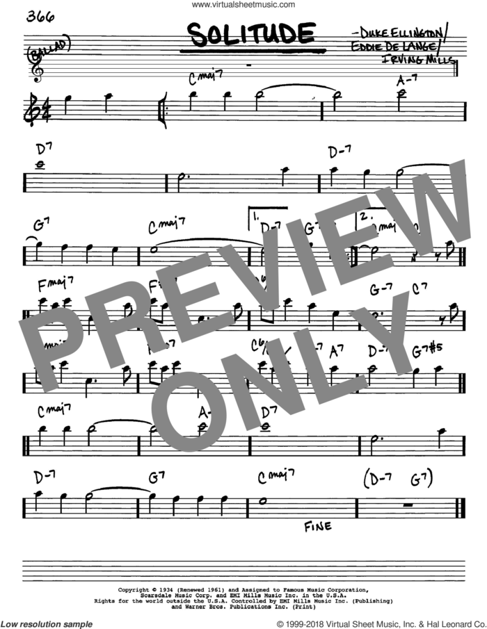Solitude sheet music for voice and other instruments (in Eb) by Duke Ellington, Eddie DeLange and Irving Mills, intermediate skill level