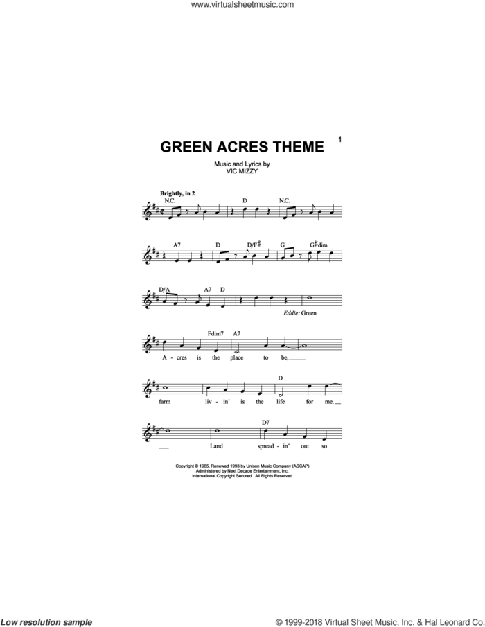 Green Acres Theme sheet music for voice and other instruments (fake book) by Vic Mizzy, intermediate skill level