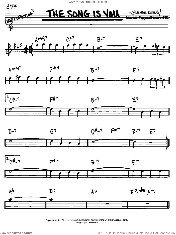 The Song Is You sheet music for voice and other instruments (in Eb) by Jerome Kern and Oscar II Hammerstein, intermediate skill level