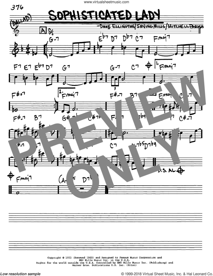 Sophisticated Lady sheet music for voice and other instruments (in Eb) by Duke Ellington, Irving Mills and Mitchell Parish, intermediate skill level