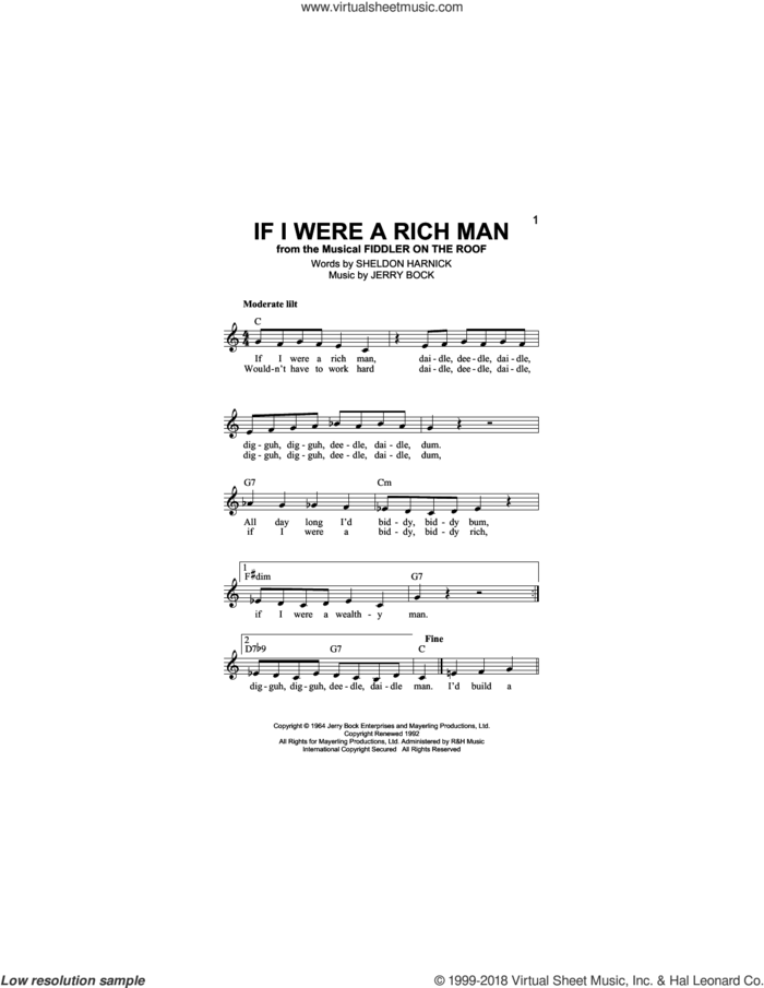 If I Were A Rich Man (from Fiddler On The Roof) sheet music for voice and other instruments (fake book) by Bock & Harnick, Jerry Bock and Sheldon Harnick, intermediate skill level