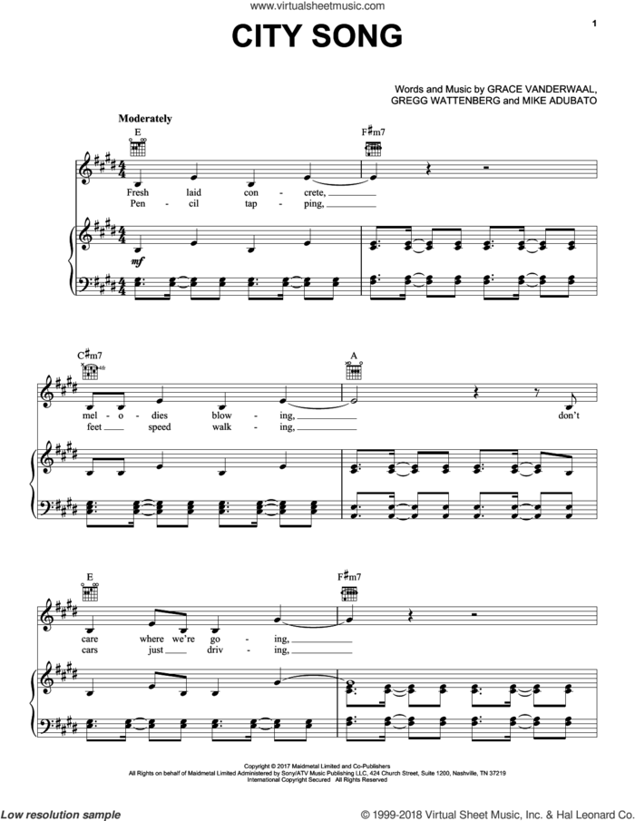 City Song sheet music for voice, piano or guitar by Grace VanderWaal, Gregg Wattenberg and Mike Adubato, intermediate skill level