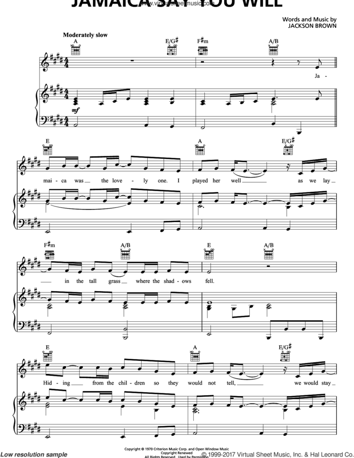 Jamaica Say You Will sheet music for voice, piano or guitar by Jackson Browne, intermediate skill level