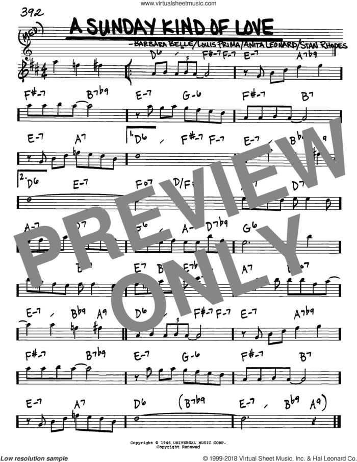 A Sunday Kind Of Love sheet music for voice and other instruments (in Eb) by Louis Prima, Anita Nye, Barbara Belle and Stan Rhodes, intermediate skill level