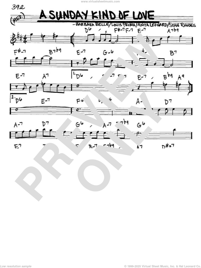 A Sunday Kind Of Love sheet music for voice and other instruments (in Eb) by Louis Prima, Anita Nye, Barbara Belle and Stan Rhodes, intermediate skill level