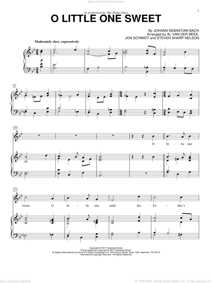 O Little One Sweet sheet music for voice and piano by The Piano Guys, Al van der Beek, Johann Sebastian Bach, Jon Schmidt (arr.) and Steven Sharp Nelson (arr.), intermediate skill level