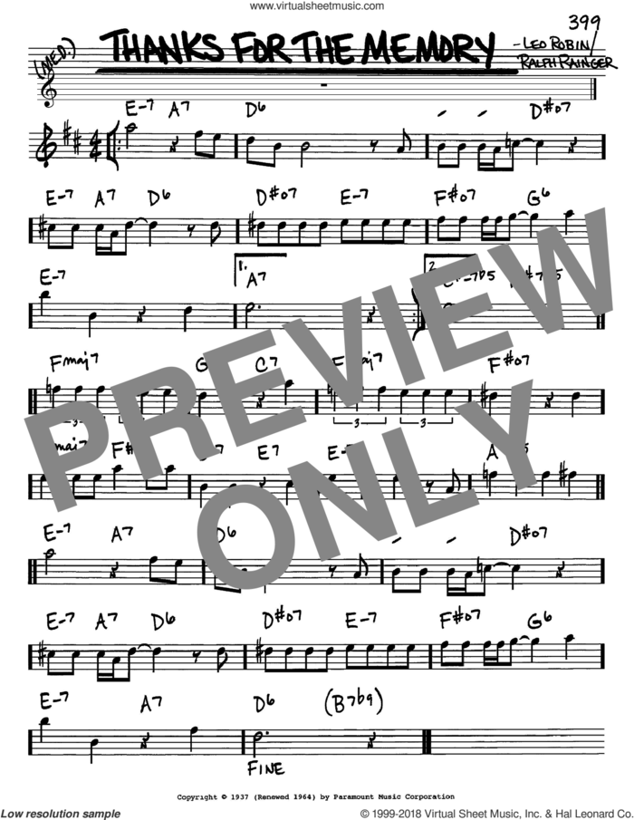 Thanks For The Memory sheet music for voice and other instruments (in Eb) by Ralph Rainger and Leo Robin, intermediate skill level