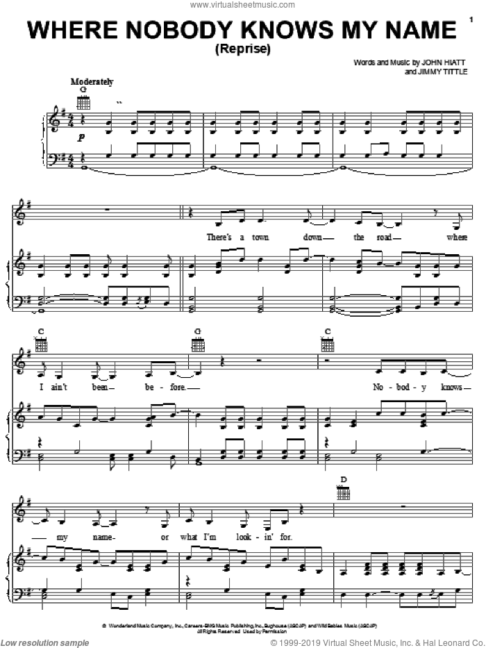 Where Nobody Knows My Name (Reprise) sheet music for voice, piano or guitar by Jimmy Tittle and John Hiatt, intermediate skill level