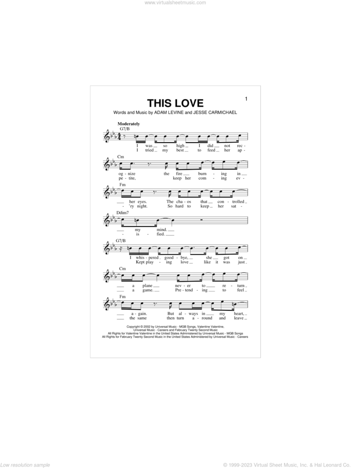 This Love sheet music for voice and other instruments (fake book) by Maroon 5, Adam Levine and Jesse Carmichael, intermediate skill level