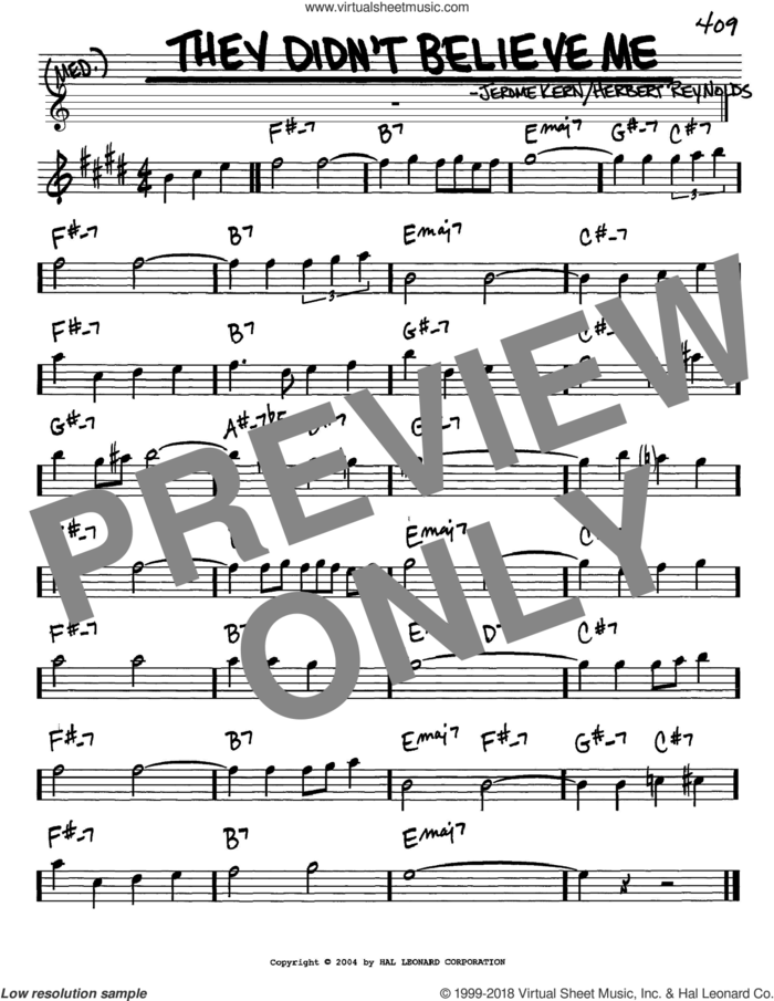 They Didn't Believe Me sheet music for voice and other instruments (in Eb) by Jerome Kern and Herbert Reynolds, intermediate skill level