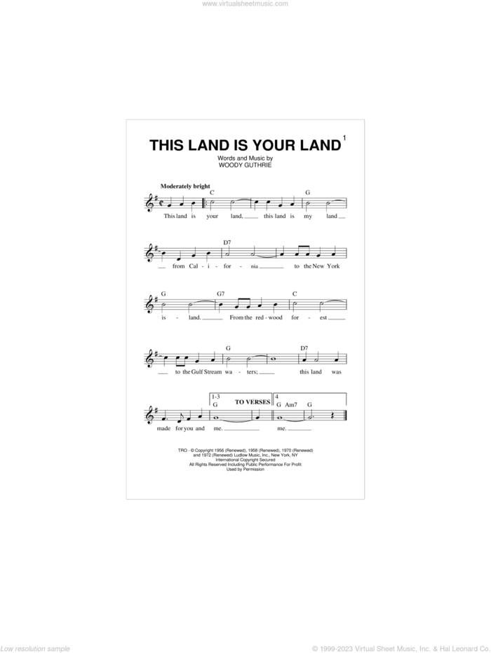 This Land Is Your Land sheet music for voice and other instruments (fake book) by Woody Guthrie, intermediate skill level