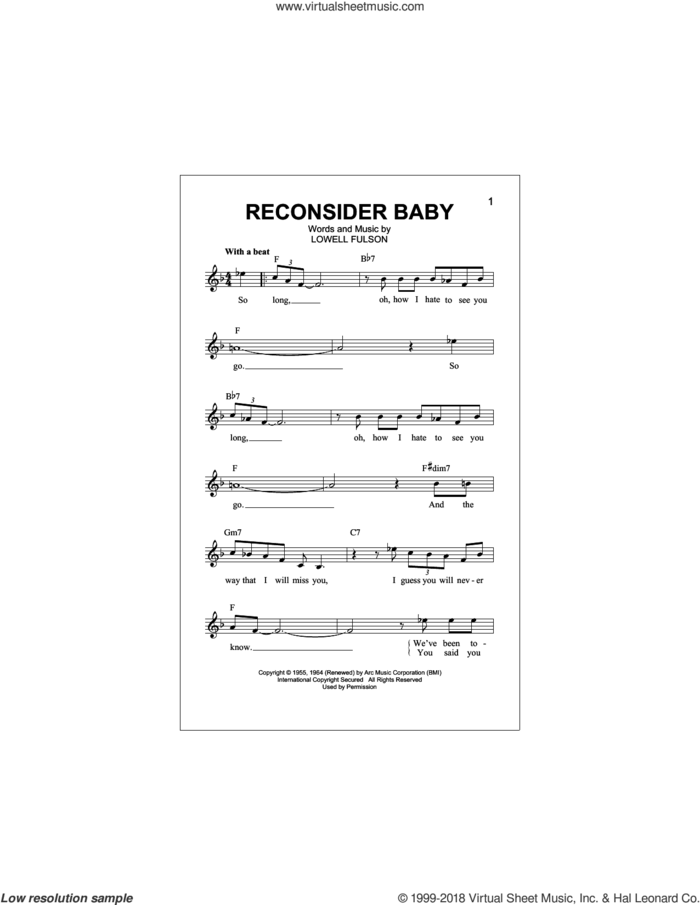Reconsider Baby sheet music for voice and other instruments (fake book) by Lowell Fulson, intermediate skill level