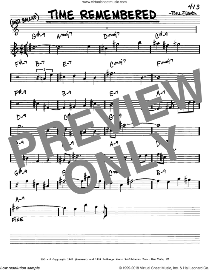 Time Remembered sheet music for voice and other instruments (in Eb) by Bill Evans, intermediate skill level