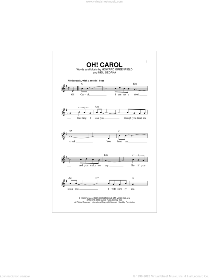 Oh! Carol sheet music for voice and other instruments (fake book) by Neil Sedaka and Howard Greenfield, intermediate skill level