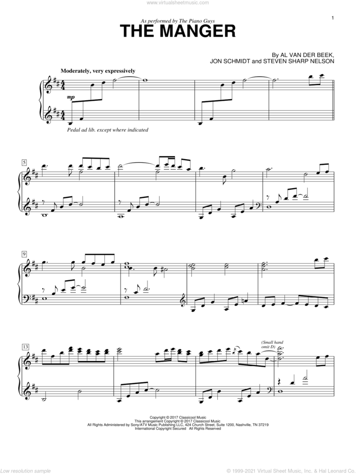 The Manger sheet music for piano solo by The Piano Guys, Al van der Beek, Jon Schmidt and Steven Sharp Nelson, intermediate skill level