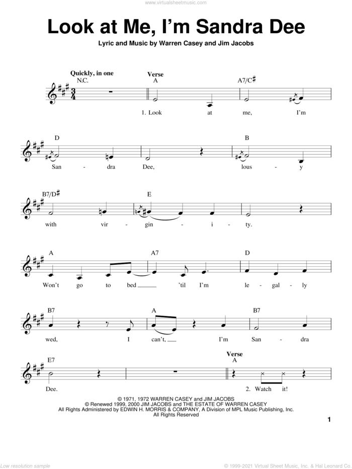 Look At Me, I'm Sandra Dee sheet music for voice solo by Jim Jacobs and Warren Casey, intermediate skill level