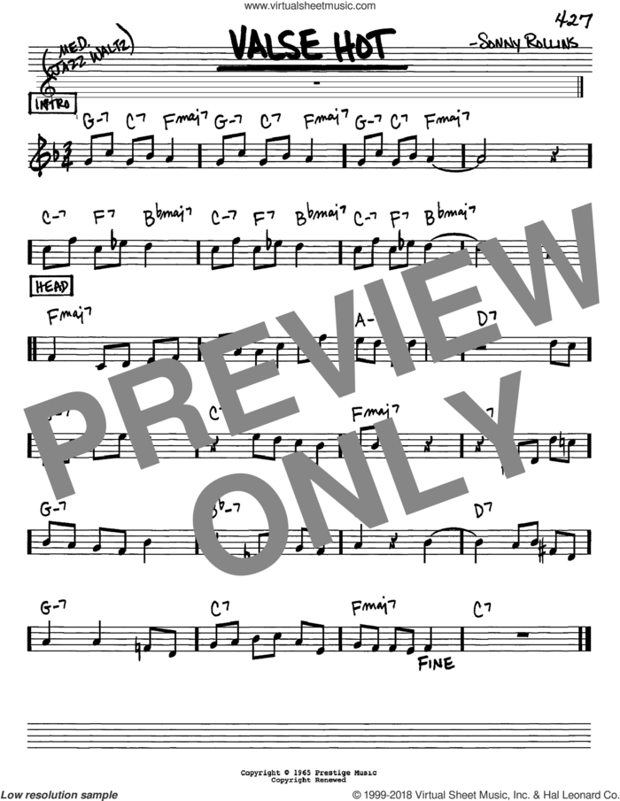Valse Hot sheet music for voice and other instruments (in Eb) by Sonny Rollins, intermediate skill level