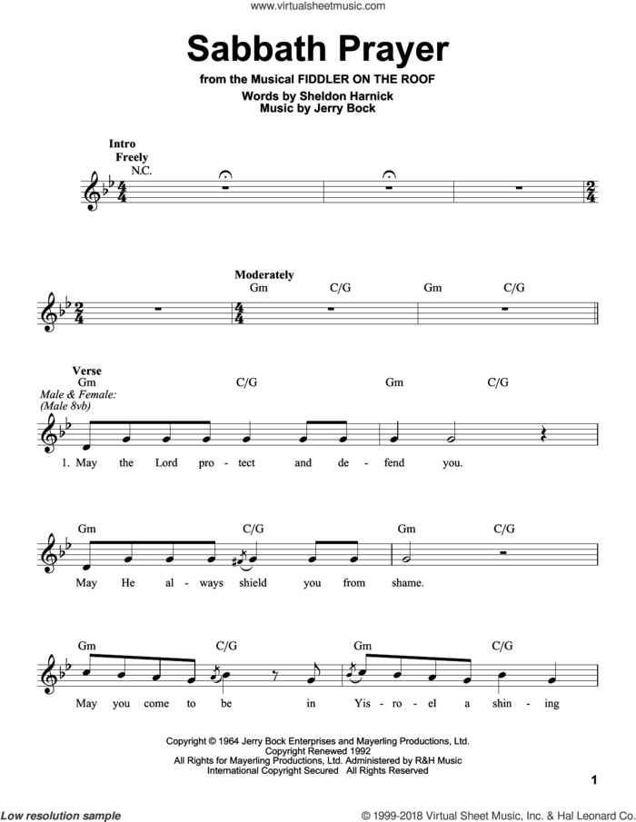 Sabbath Prayer sheet music for voice solo by Jerry Bock and Sheldon Harnick, intermediate skill level