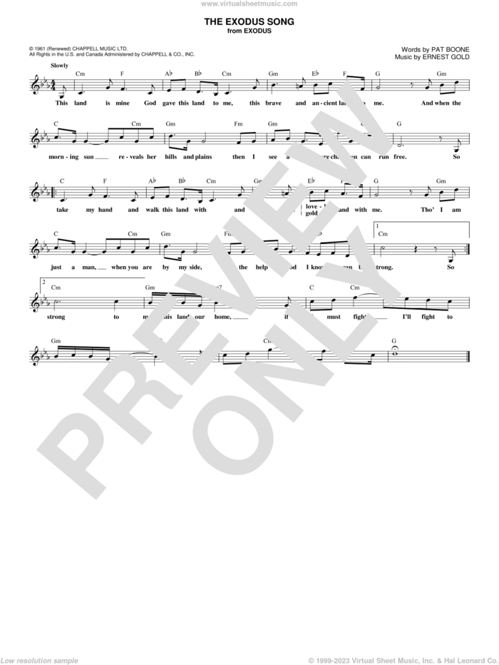 The Exodus Song sheet music for voice and other instruments (fake book) by Pat Boone and Ernest Gold, intermediate skill level