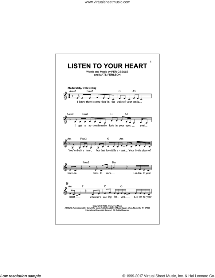 Listen To Your Heart sheet music for voice and other instruments (fake book) by Roxette, Mats Persson and Per Gessle, intermediate skill level