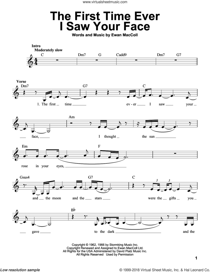 The First Time Ever I Saw Your Face sheet music for voice solo by Roberta Flack and Ewan MacColl, intermediate skill level