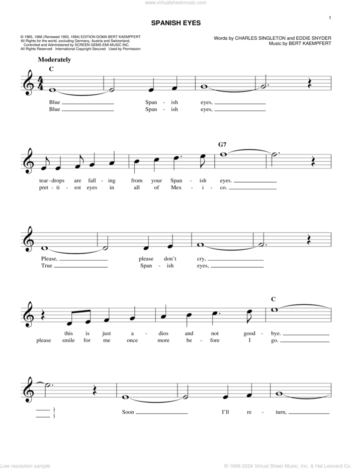 Spanish Eyes sheet music for voice and other instruments (fake book) by Eddie Snyder, Al Martino, Elvis Presley, Bert Kaempfert and Charles Singleton, intermediate skill level