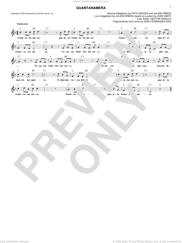 Guantanamera sheet music for voice and other instruments (fake book) by Pete Seeger, Hector Angulo, Jose Fernandez Diaz, Jose Fernandez Diaz and Julian Orbon, intermediate skill level