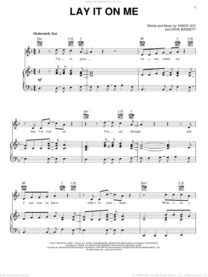 Lay It On Me sheet music for voice, piano or guitar by Vance Joy and Dave Bassett, intermediate skill level