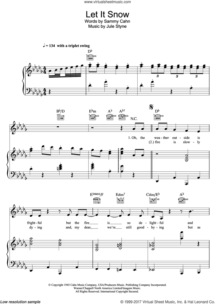 Let It Snow! Let It Snow! Let It Snow! sheet music for voice, piano or guitar by Dean Martin and Jule Styne, intermediate skill level